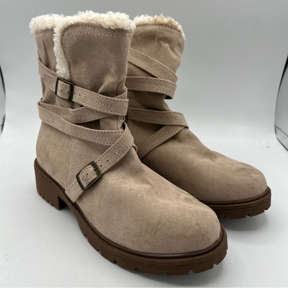 Steve Madden Girls J-Gadot Taupe Ankle Boots Sz‎ 4 Big Kid Faux Fur Biker Straps